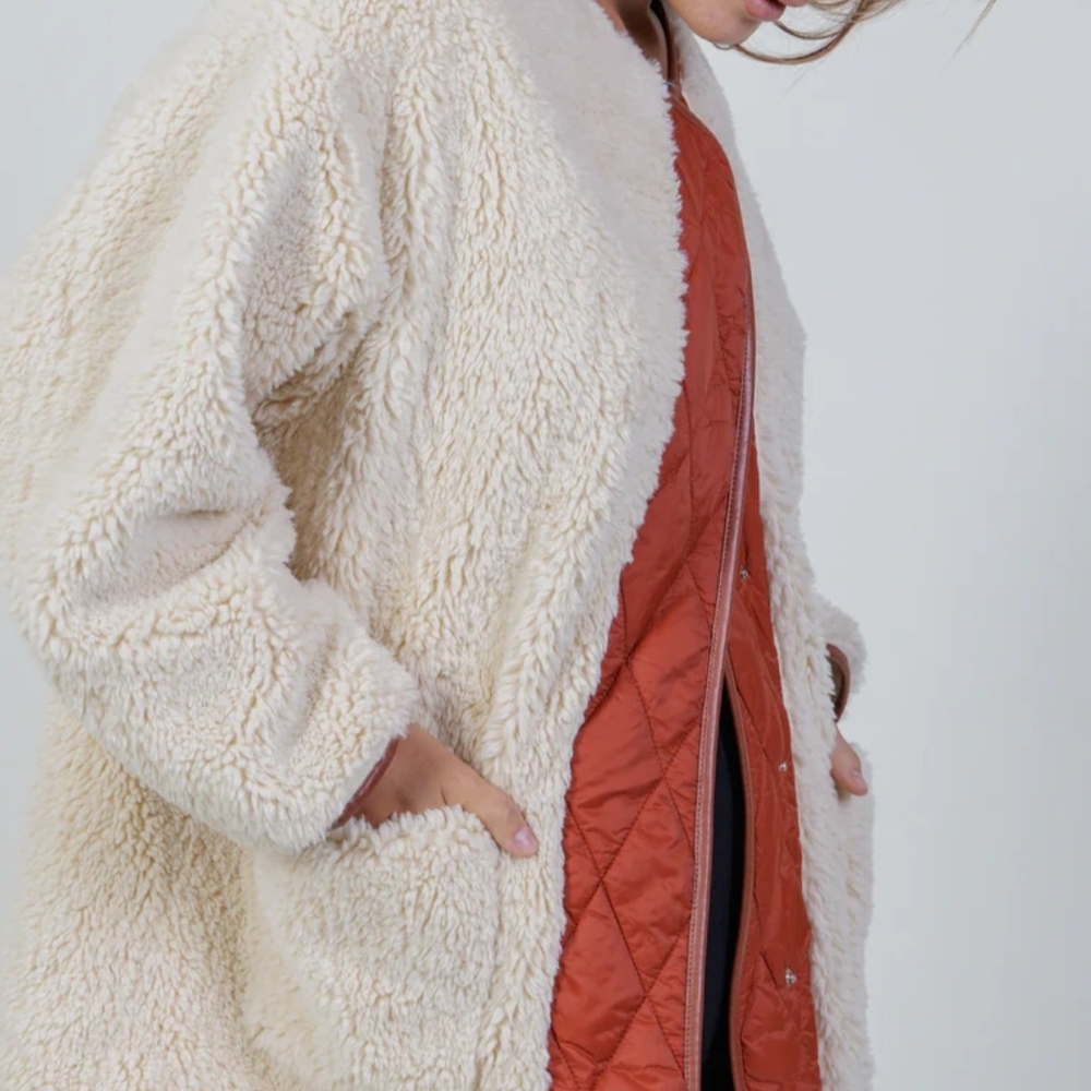 Maje Cream Teddy Jacket with Rust Accent - Picture 4 of 6